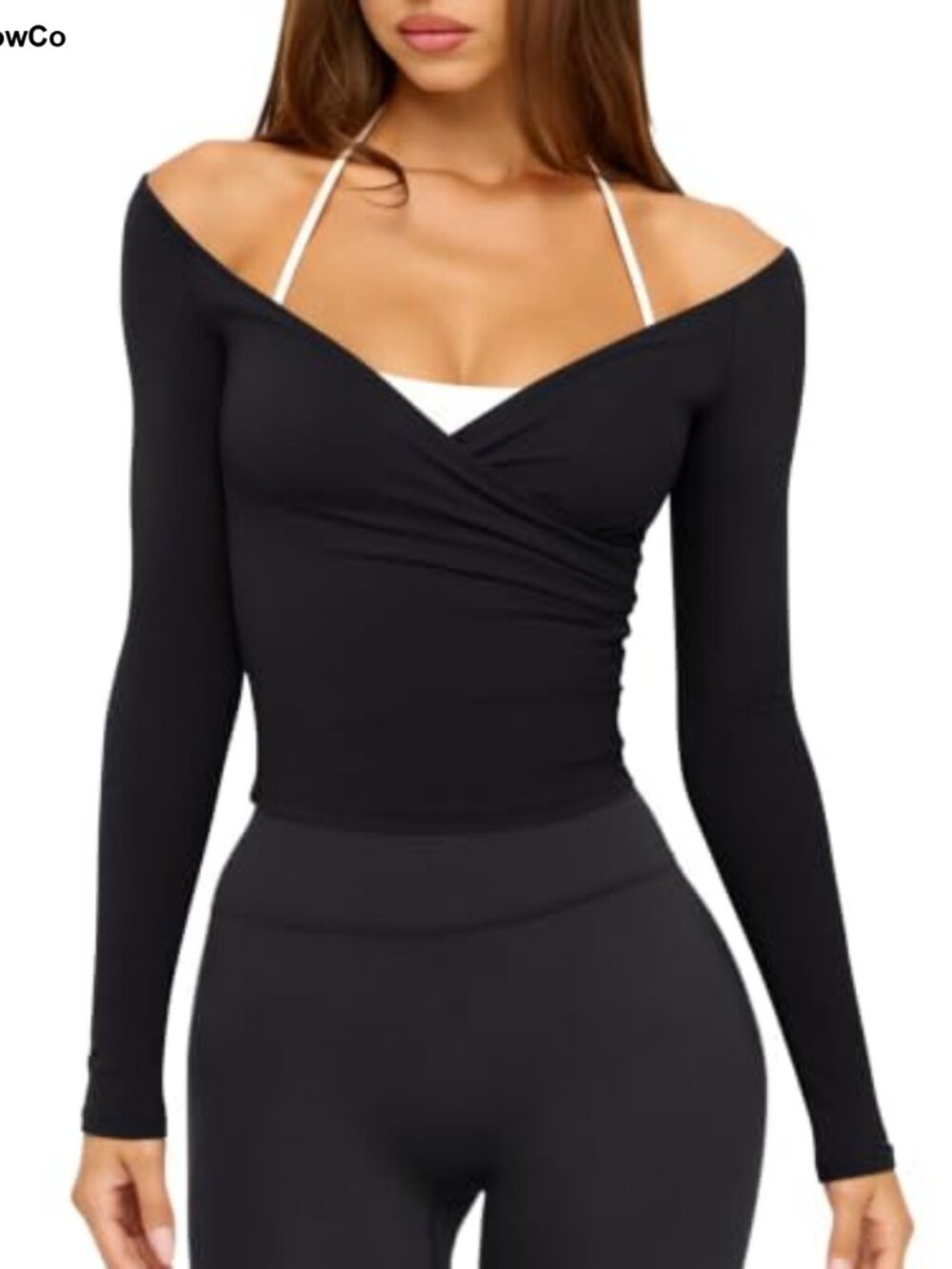 Womens V Neck Long Sleeve Workout Top Cross Wrap Off Shoulder Crop
